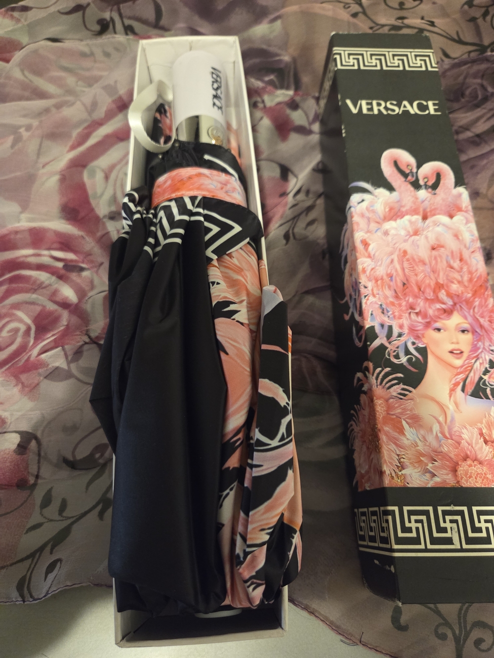 Versace Pink Black Flamingo Print Umbrella